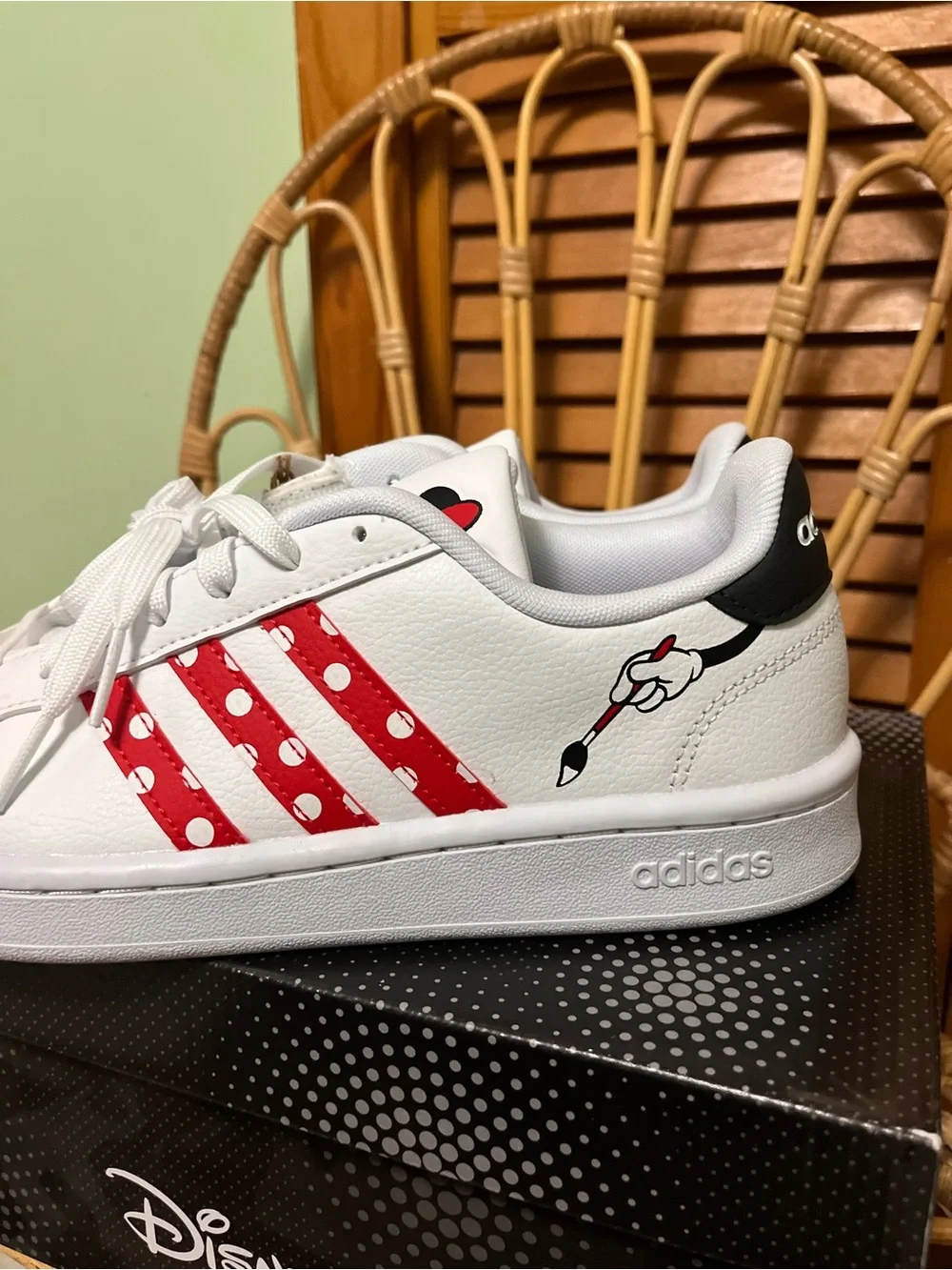 Adidas Disney White Sneakers with Red Polka Dot Stripes - Picture 2 of 7